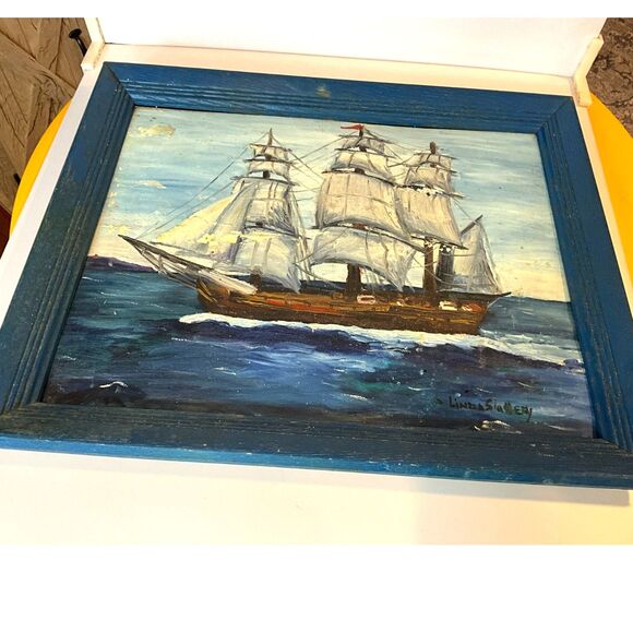 Gorgeous vintage original oil painting on board sailing ship 1962 Linda Slattery - Picture 5 of 13